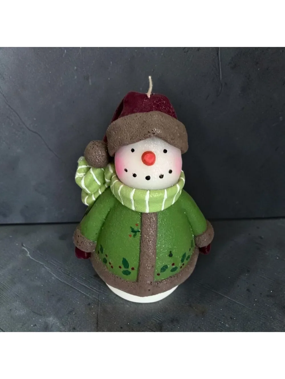 Snowman Christmas Candle Green Coat Scarf Holiday Winter Decor 8